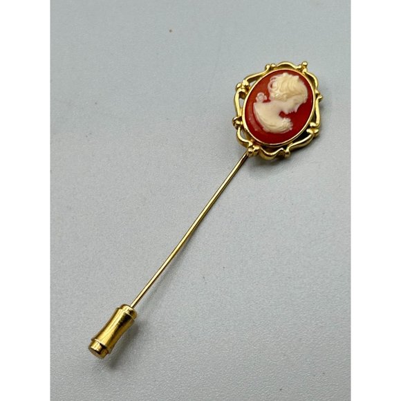 Vintage Signed TRIFARI Costume Cameo Stick Pin Lapel Pin Gold Tone & Faux Cameo - Picture 5 of 6